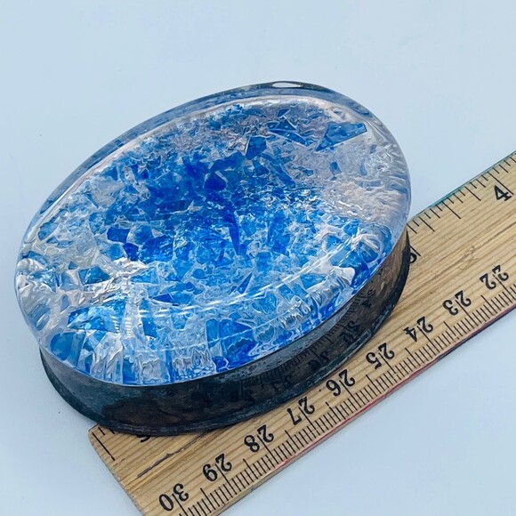 Vintage Oval Shaped Decorative Glass w/ Blue & Silver Accents Silver-Plated Base - Picture 9 of 11